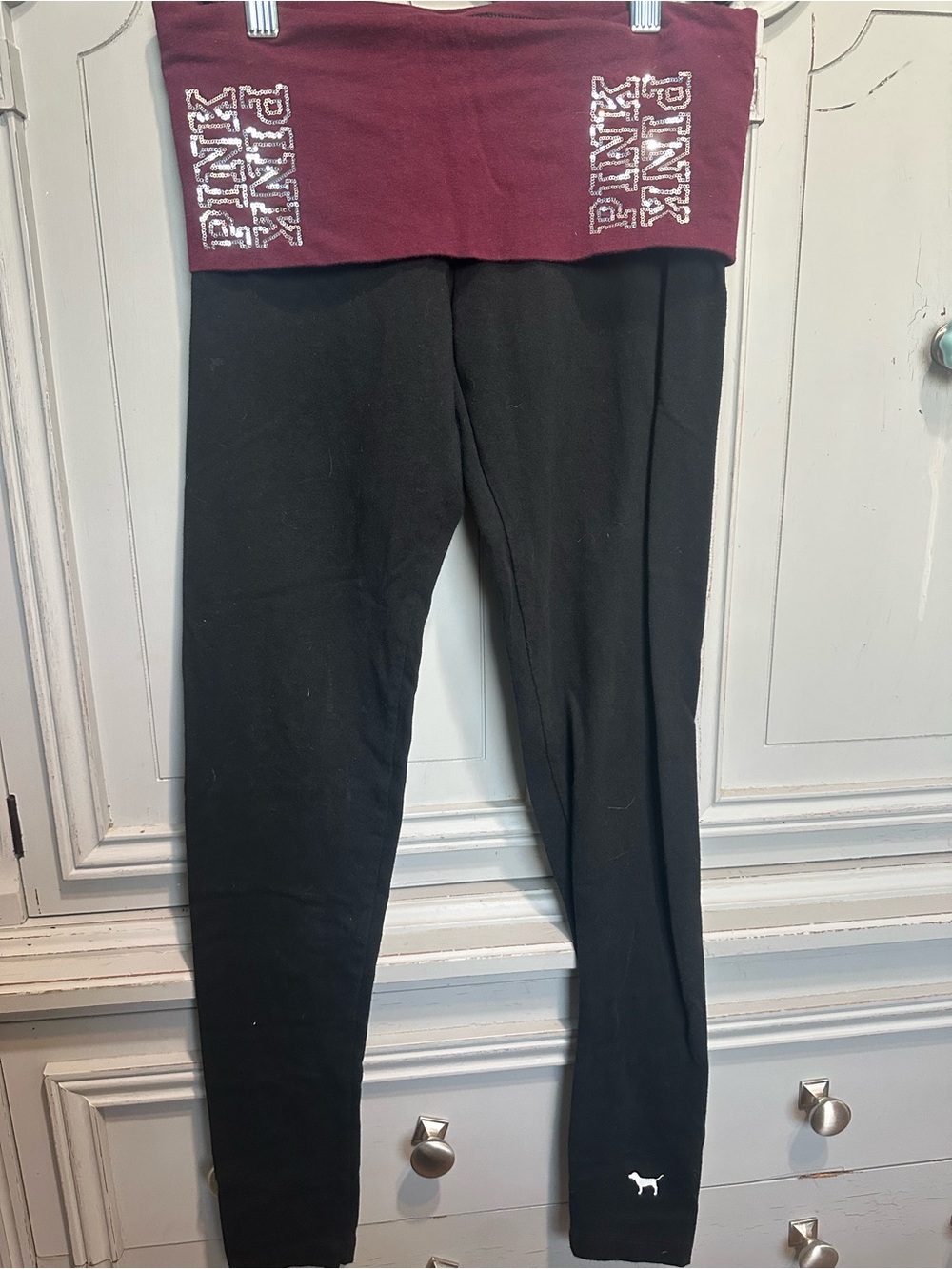 Vintage Black PINK Fold-Over Waistband Leggings - Black & Burgundy
